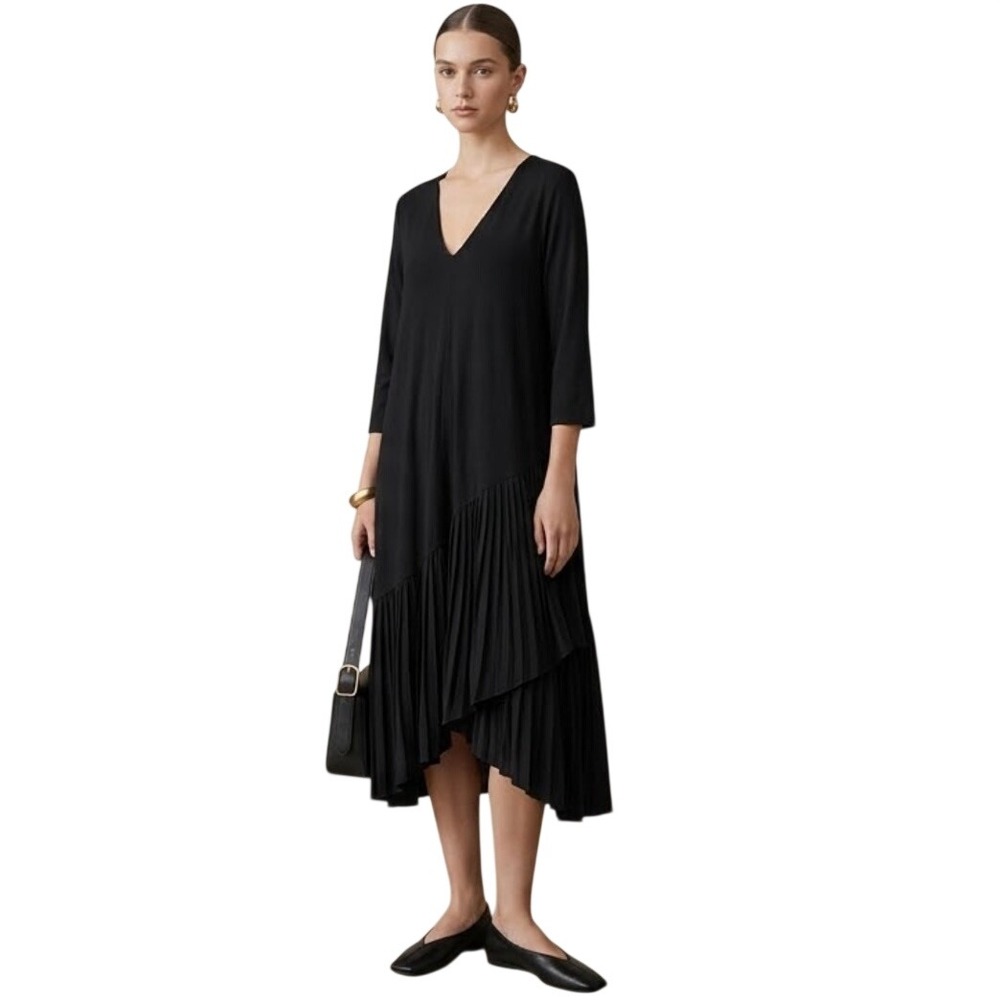 A La Tzarina Black V-Neck Drop Waist Tunic Dress Large Minimalist Lagenlook NWT